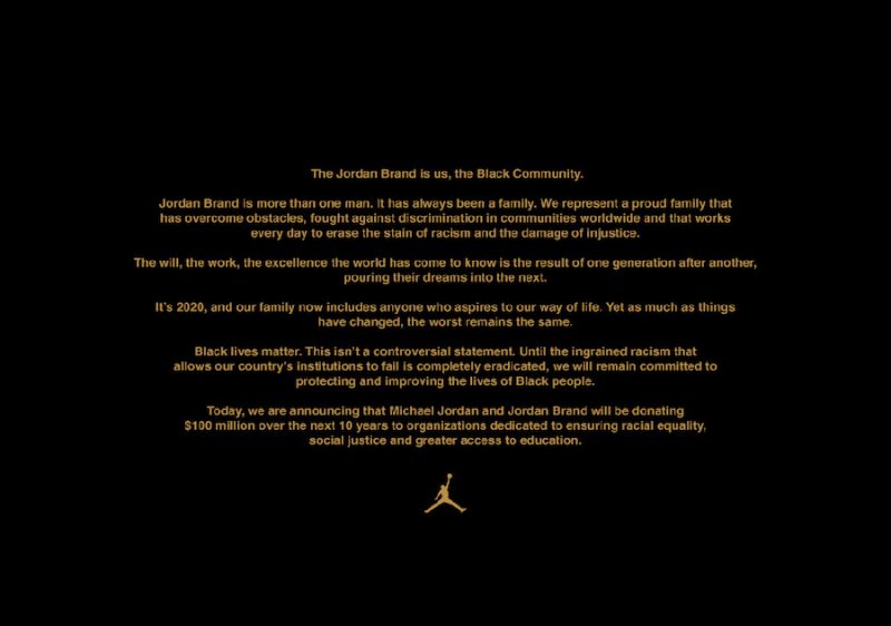 Jordan Brand, Jordan - 迈克尔·乔丹和乔丹品牌捐赠1亿美元支持黑人社区