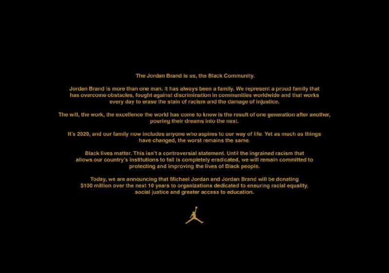 Jordan Brand, Jordan - 迈克尔·乔丹和乔丹品牌捐赠1亿美元支持黑人社区