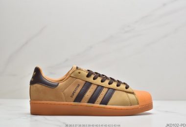 Adidas三叶草Superstar贝壳头头层皮软蓝底情侣小麦色贝壳头板鞋