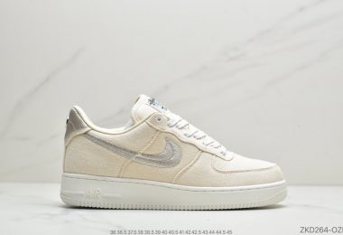 Stussy斯图西 x Nike Air Force 1 ’07 Low”Black Cool” 麻布电绣钩子 空军低帮经典百搭休闲运动板鞋