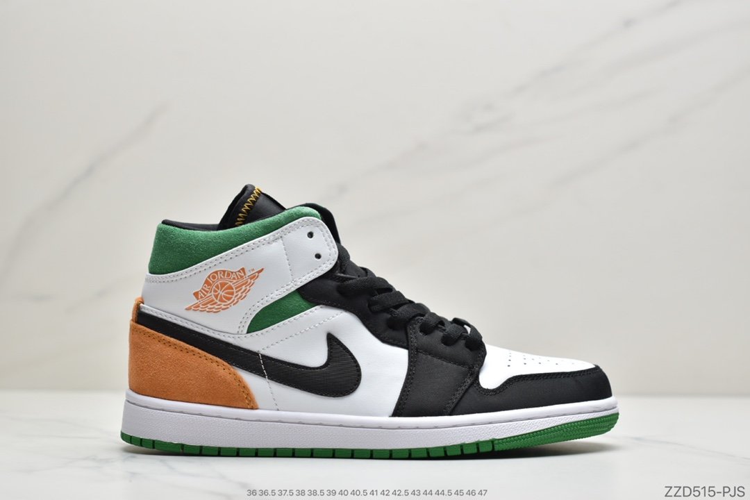 Air Jordan 1 Mid 黑白橙尾 AJ1全新黑绿橙尾配色球鞋这又全新的Air Jordan 1 Mid鞋款以简洁的白色框架