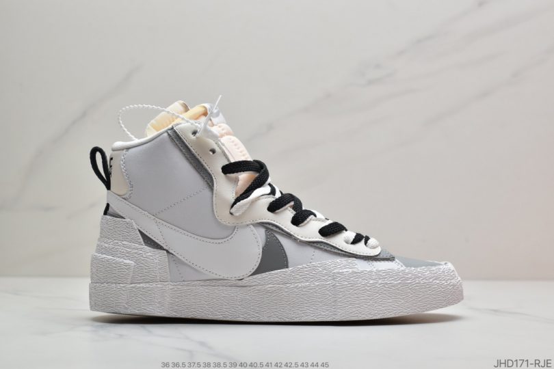 高帮, 联名, 板鞋, 开拓者, NIKE, HIGH, Blazer, Black - SACAI联名 x Nike Blazer High"White/Grey/Black"重叠设计前卫开拓者高帮百搭板鞋