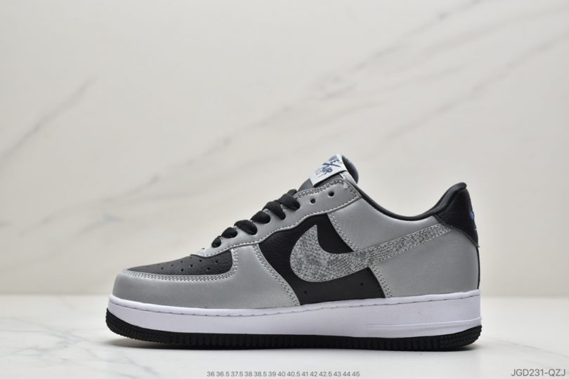 运动板鞋, 空军一号, 板鞋, Swoosh, Nike Air Force 1, Nike Air, Air Force 1, AF1 - 耐克Nike Air Force 1’07 B"3M Snake"空军一号经典低帮百搭休闲运动板鞋“皮革黑银反光蟒蛇纹钩子”