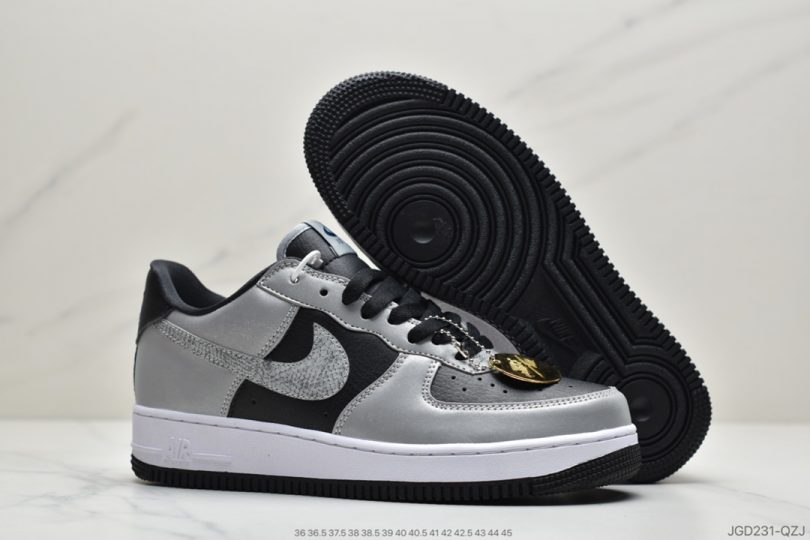 运动板鞋, 空军一号, 板鞋, Swoosh, Nike Air Force 1, Nike Air, Air Force 1, AF1 - 耐克Nike Air Force 1’07 B"3M Snake"空军一号经典低帮百搭休闲运动板鞋“皮革黑银反光蟒蛇纹钩子”