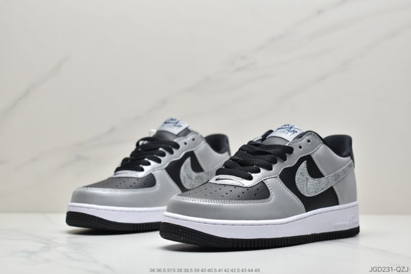 运动板鞋, 空军一号, 板鞋, Swoosh, Nike Air Force 1, Nike Air, Air Force 1, AF1 - 耐克Nike Air Force 1’07 B"3M Snake"空军一号经典低帮百搭休闲运动板鞋“皮革黑银反光蟒蛇纹钩子”