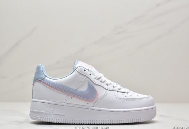 耐克Nike Air Force 1’07 GS”White LT Armory Blue”空军一号皮革白淡蓝浅粉双钩子低帮运动板鞋