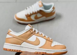 全新女式 Nike Dunk Low 以白色和棕褐色出现