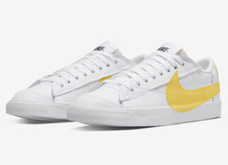 Nike Blazer Low Jumbo搭配黄色Swoosh标志，适用于2022年春季