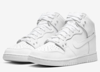 全白色Nike Dunk High运动鞋搭配珍珠饰钉