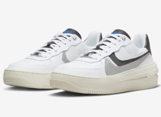 Nike Air Force 1 PLT.AF.ORM金属银色Swooshes的细节。