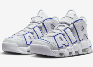 覆盖在浮雕篮球标志上的Nike Air More Uptempo