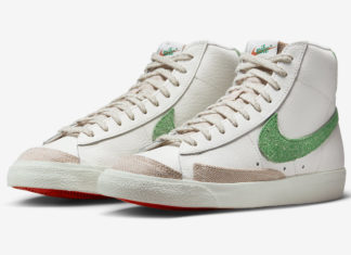 这款Nike Blazer Mid配备了绿色麂皮和橙色底裤