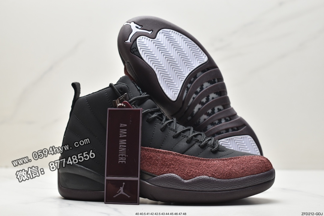 高帮, 联名, 篮球鞋, 实战篮球鞋, Jordan, DV6989-001, Air Jordan 12, Air Jordan 1, Air Jordan, A Ma Maniere x Jordan Air Jordan 12 Retro, A Ma Maniere - 乔丹 A Ma Maniere x Jordan Air Jordan 12 Retro 潮流复古 防滑耐磨 高帮 实战篮球鞋 女款 黑酒红 DV6989-001