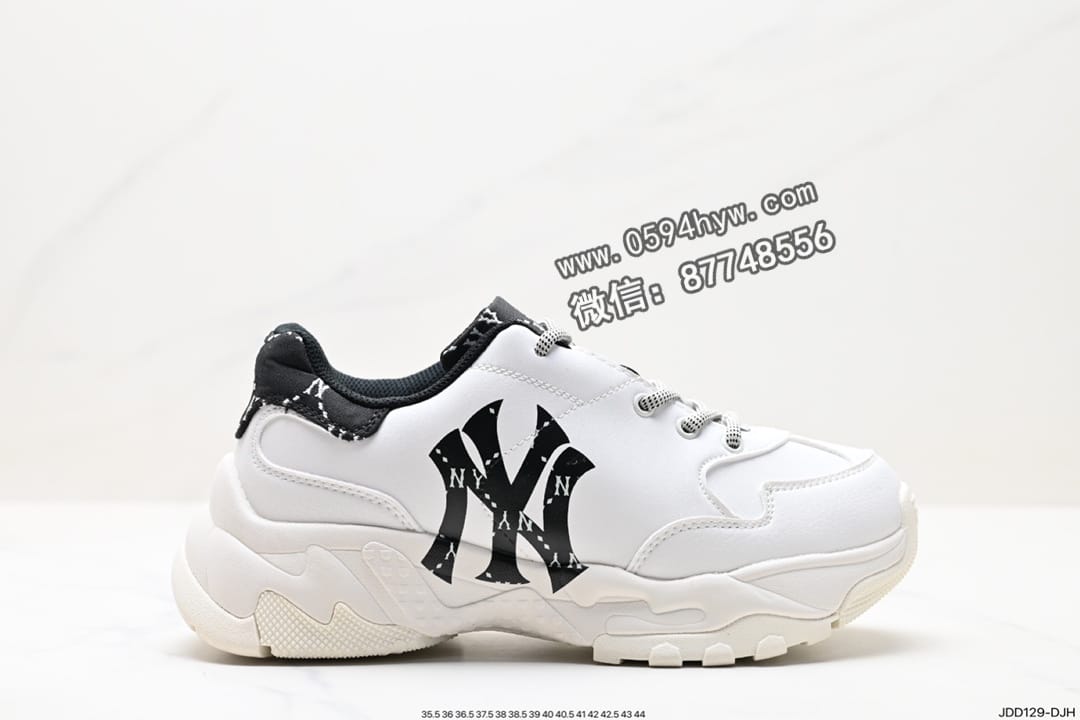 Korea x MLB Big Ball ChuNikey 厚底老爹系列 鞋子 网织轻量休闲运动慢跑鞋 网眼象牙白黑 NY印花 货号：32SHC6911（K0001）