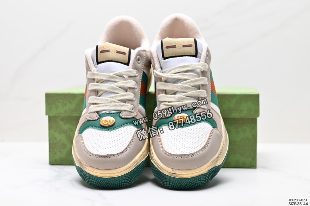 高帮, 篮球鞋, 板鞋, 古驰, 做旧, Gucci Distressed Screener sneaker, Gucci - 古奇Gucci Distressed Screener sneaker 绿盒版本 风 怀旧版 ID:JDF233-DZJ