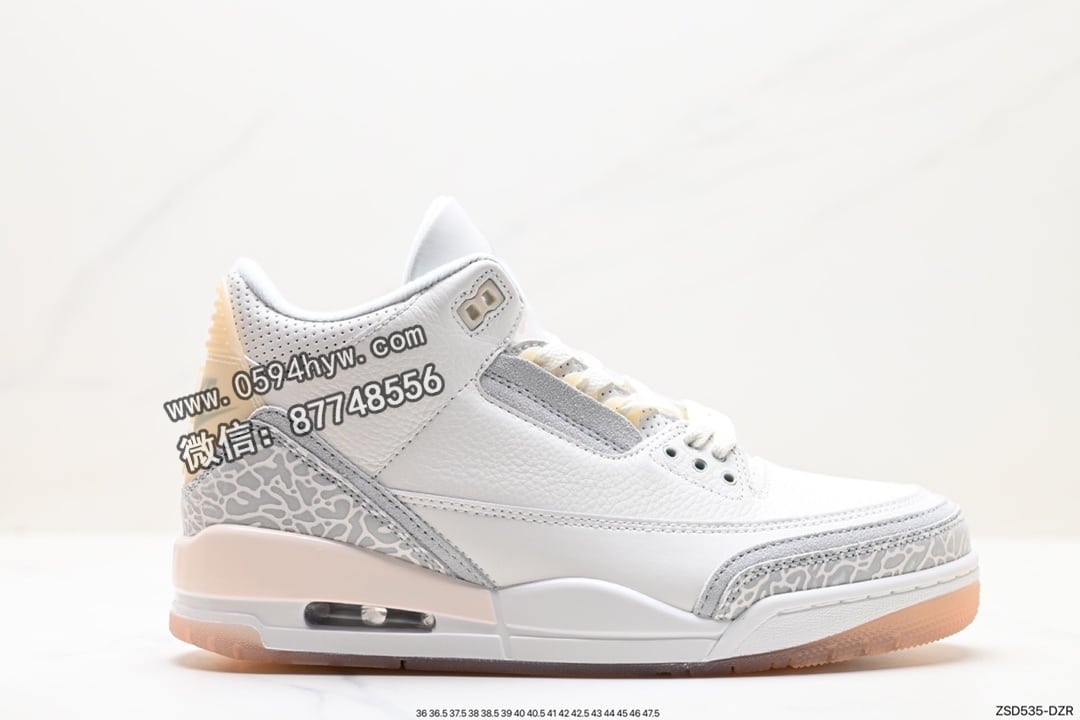 Air Jordan 3 Retro ”Hide and Sneak“ 白灰棕 AJ3 乔丹3代 aj3 乔3 白灰棕 乔丹篮球鞋系列 该款以白色搭配灰棕细节，辅以标志性的爆裂纹元素，经典的白色荔枝皮鞋身，辅以醒目爆裂纹点缀，深灰棕色的细节装扮让吸睛指爆表，颇有摩卡的既视感。
货号：FJ9479-100
尺码：36 36.5 37.5 38 38.5 39 40 40.5 41 42 42.5 43 44 44.5 45 46 47.5
ID:ZSD535-DZR