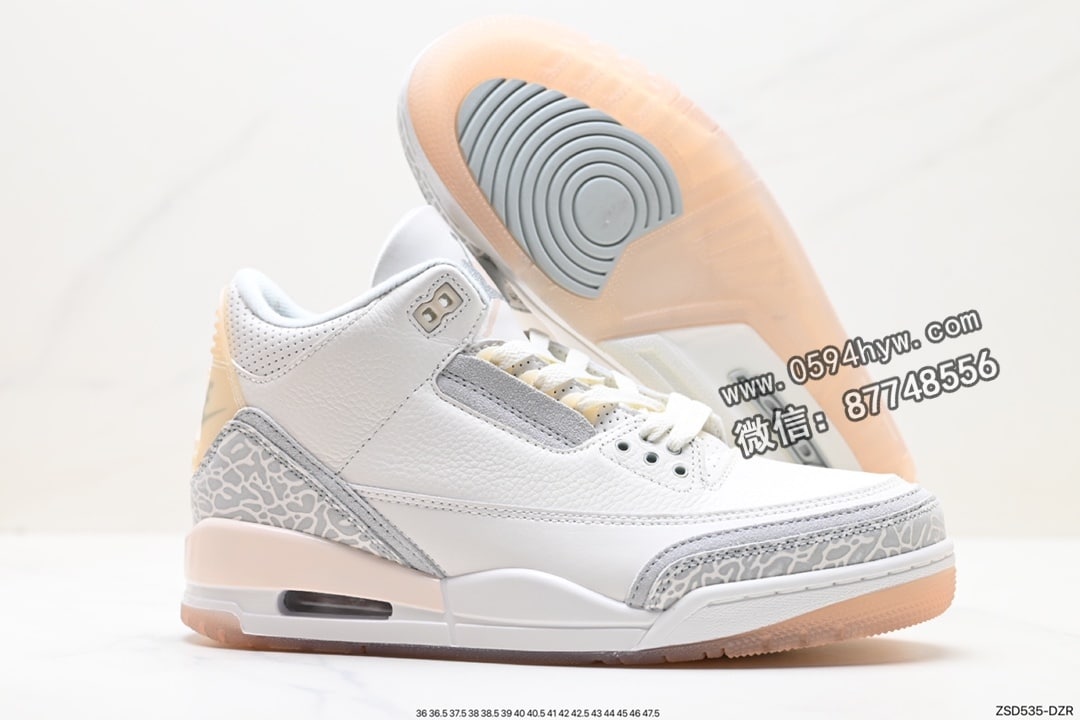 篮球鞋, 爆裂纹, 乔丹篮球鞋, Jordan, AJ3, Air Jordan 3 Retro, Air Jordan 3, Air Jordan - Air Jordan 3 Retro ”Hide and Sneak“ 白灰棕 AJ3 乔丹3代 aj3 乔3 白灰棕 乔丹篮球鞋系列 该款以白色搭配灰棕细节，辅以标志性的爆裂纹元素，经典的白色荔枝皮鞋身，辅以醒目爆裂纹点缀，深灰棕色的细节装扮让吸睛指爆表，颇有摩卡的既视感。
货号：FJ9479-100
尺码：36 36.5 37.5 38 38.5 39 40 40.5 41 42 42.5 43 44 44.5 45 46 47.5
ID:ZSD535-DZR