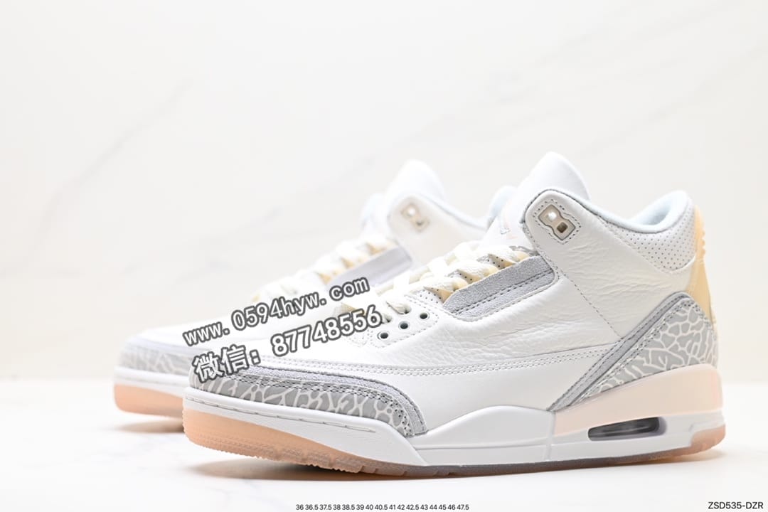 篮球鞋, 爆裂纹, 乔丹篮球鞋, Jordan, AJ3, Air Jordan 3 Retro, Air Jordan 3, Air Jordan - Air Jordan 3 Retro ”Hide and Sneak“ 白灰棕 AJ3 乔丹3代 aj3 乔3 白灰棕 乔丹篮球鞋系列 该款以白色搭配灰棕细节，辅以标志性的爆裂纹元素，经典的白色荔枝皮鞋身，辅以醒目爆裂纹点缀，深灰棕色的细节装扮让吸睛指爆表，颇有摩卡的既视感。
货号：FJ9479-100
尺码：36 36.5 37.5 38 38.5 39 40 40.5 41 42 42.5 43 44 44.5 45 46 47.5
ID:ZSD535-DZR