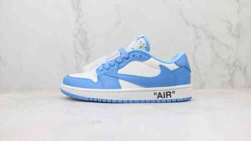 定制 TS联名倒钩 OW联名 OFF WHITE x Travis Scott x Nike Air Jordan AJ1 Low 高帮篮球鞋 蓝白 货号：DM7866-180