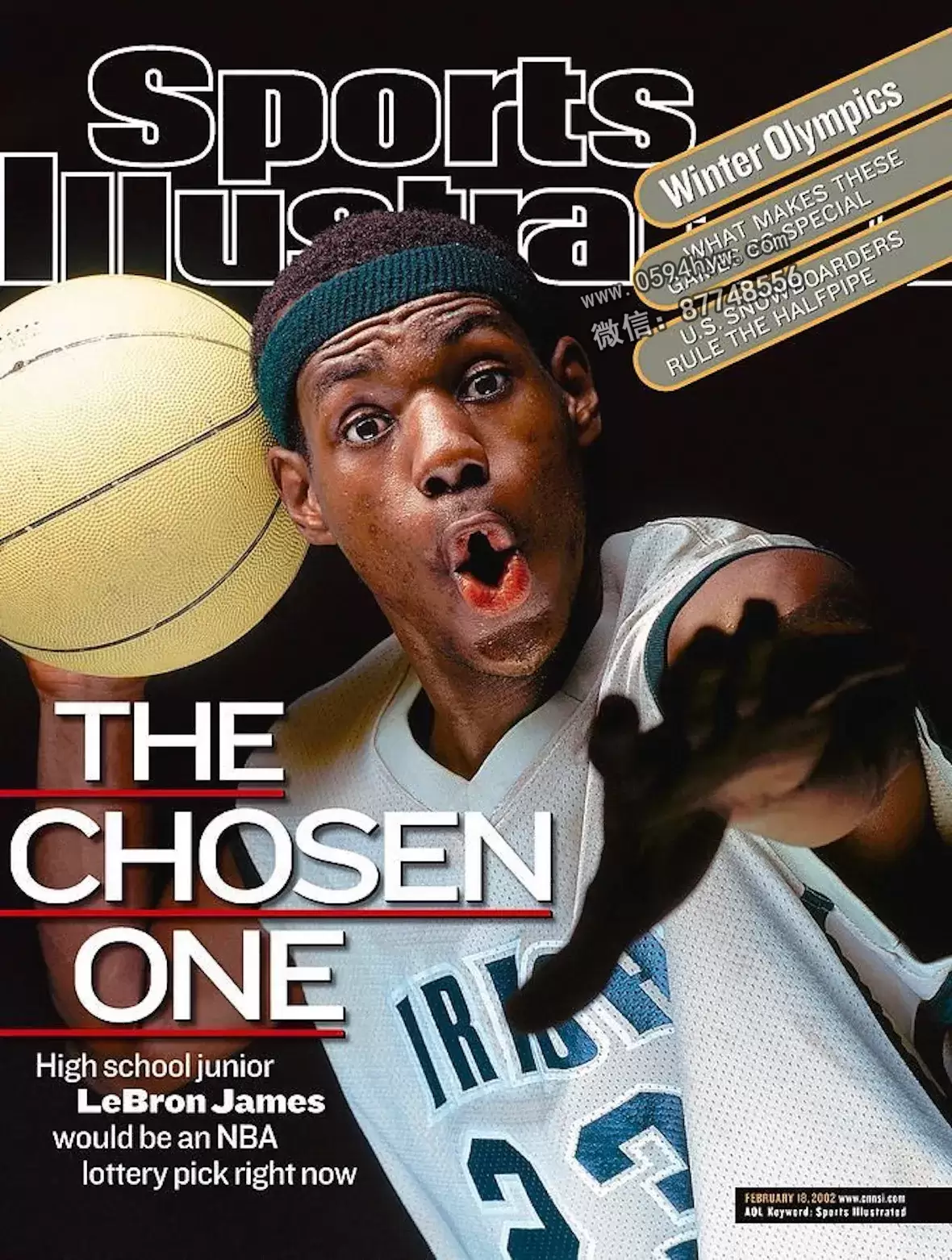 Sports Illustrated magazine cover featuring a young LeBron James from St. Vincent–St. Mary High School, holding a basketball and wearing his white “Irish” jersey with number 23. The headline reads “The Chosen One,” highlighting him as a high school junior projected to be an NBA lottery pick.